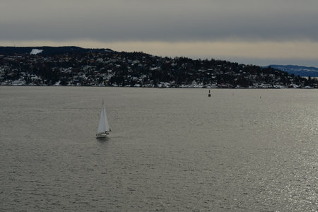 Sail boat in Oslo Fjord norway scandinavia in winterの写真素材