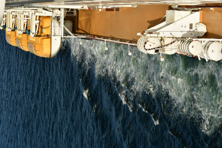 life boats on cruise ship deck with copy spaceの写真素材