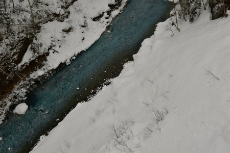 Blue River snow abstract background Biei Hokkaido Japan. High quality photo