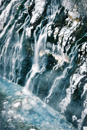 Blue River White Snow contrast background Biei Japan nature cold water winter. High quality photoの写真素材