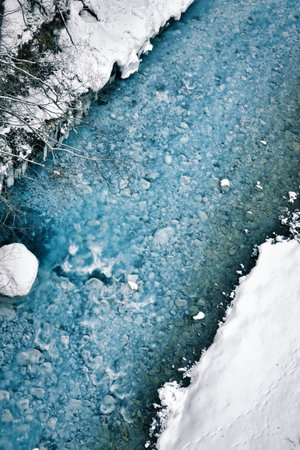 Blue River White Snow contrast background Biei Japan nature cold water winter. High quality photoの写真素材