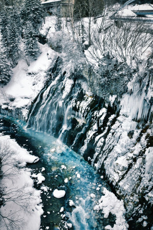 Blue River White Snow contrast background Biei Japan nature cold water winter. High quality photoの写真素材