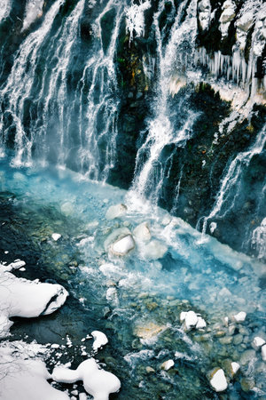 Blue River White Snow contrast background Biei Japan nature cold water winter. High quality photoの写真素材