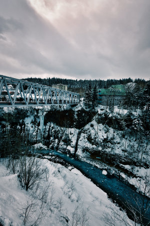 Blue River White Snow contrast background Biei Japan nature cold water winter. High quality photoの写真素材