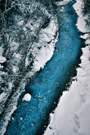 Blue River White Snow contrast background Biei Japan nature cold water winter