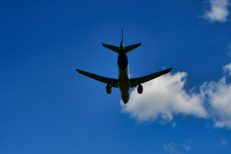 jet landing at Frankfurt Airport blue sky clouds. High quality photo