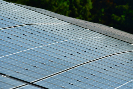photovoltaic power electricity energy renewable sun green background. High quality photo