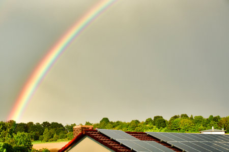 Rainbow after Rain shower colorfull forest germany backgroundの写真素材