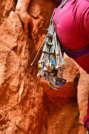 Climbing gear on harness rock climbing equipment outdoor friends express sets cam hex. High quality photoの写真素材