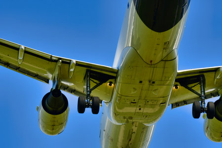 Jet airplane aircraft landing in FRA Frankfurt Germany. High quality photoの写真素材