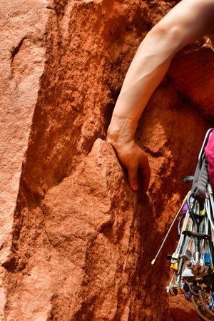 Climbing gear on harness rock climbing equipment outdoor friends express sets cam hex. High quality photoの写真素材