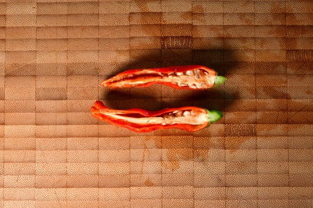 Fresh bell peppers cutting board Background organic home grown veggieの写真素材