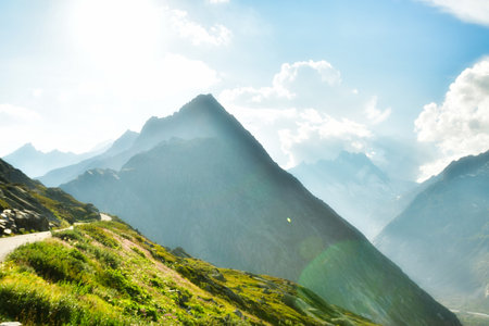 alpine panorama Grimsel Pass Swizerland Bckground Light Summerの写真素材