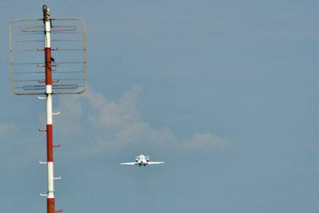 Aircraft jet airplane is takeoff in clouded Sky backgroundの写真素材