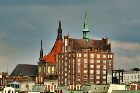 Rostock city from harbor cloudy summer evening. High quality photo