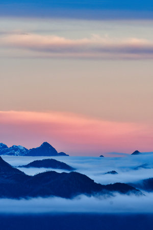sunset from Mt Osorno refugio teski red orange dramatic view. High quality photoの写真素材