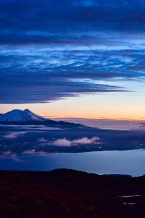 Sunset from Osorno Volcano in winter refugio teskie views colorful orange blue. High quality photoの写真素材