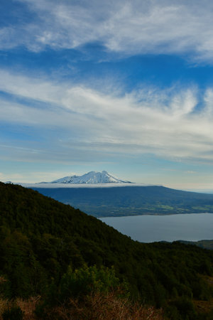 osorno vulcano view from refugio teskie road sunset vacation travelの写真素材