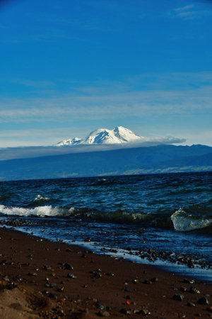calbuco Vulcano patagonia chile from beach of lake Llanquihueの写真素材