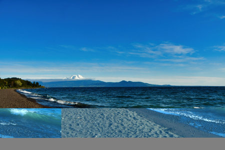 calbuco Vulcano patagonia chile from beach of lake Llanquihueの写真素材