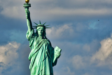 Statue of Liberty New York City sunny day from Staten Island ferry. High quality photoの写真素材