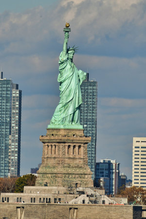 Statue of Liberty New York City sunny day from Staten Island ferry. High quality photoの写真素材