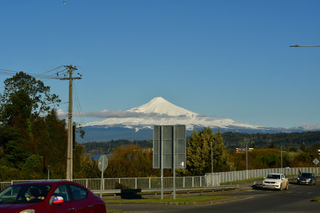 Villarrica volcano with lake blue sky sunset Chile. High quality photoの写真素材