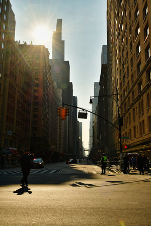 Street in New York City NYPD Police sunlight near Central Park. High quality photo