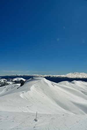Chile ski panorama top touring mountaineering patagonia volcano snow blue sky background. High quality photoの写真素材