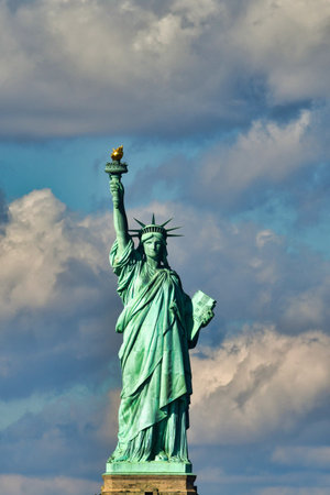 Statue of Liberty New York City sunny day from Staten Island ferry.の写真素材