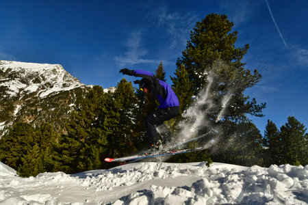 ski trick jump snow winter trees sport freeride. High quality photoの写真素材