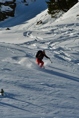 Women ski powder top touring speed fun snow. High quality photoの写真素材