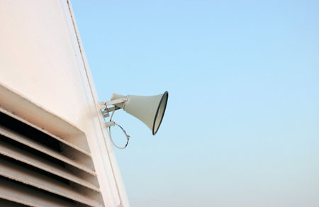 Side view of ship's megaphone on clear sky backgroundの写真素材