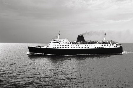 Passanger carrier ship on sail stylized to old black and white poster.の写真素材