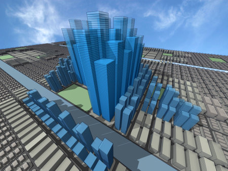 Urban model of the city organized on rectangular matrix, with scyscrapers, commerce, big and small...