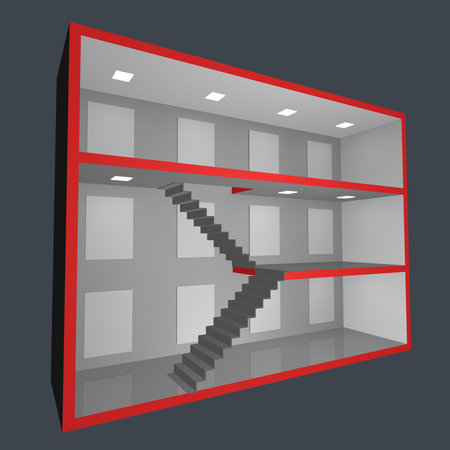 3 story exposition box with a staircase - cross section