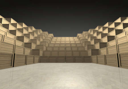 Pyramidal forum assempled with wooden shipment boxes in dark infinite interior with smooth concrete reflective floor - low perspective - computer generated image
の写真素材