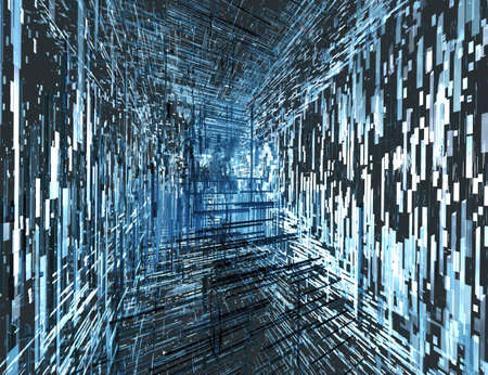 Illuminated dense abstract inner space made of sharp long cyan glass blocks - digital 3d artwork
の写真素材