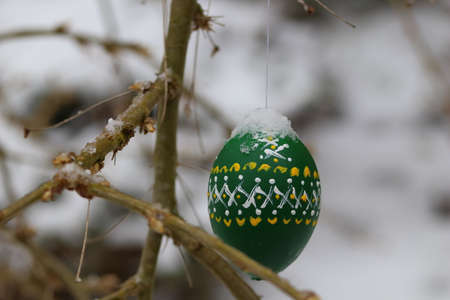 cold and snowy easter holidays with snow covered easter eggの写真素材
