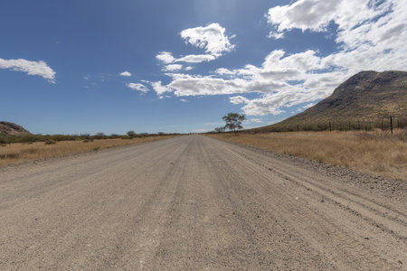 Desert road in Namibia with a blue sky and white cloudsの写真素材