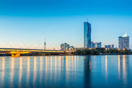 View over Danube to ReichsbrÃ¼cke and DC Tower Viennaの写真素材