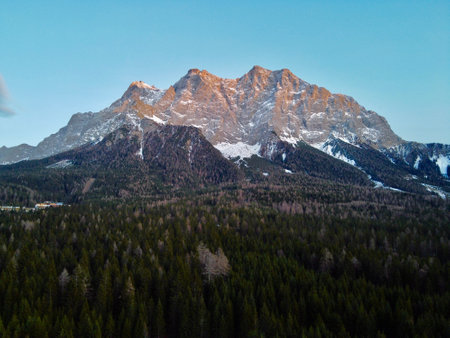Aerial view of Zugspitze photographed from Ehrwald Austriaの写真素材