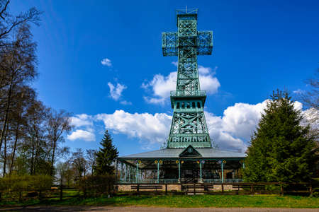 A view of the Josephskreuz in the Harz mountains on the Auerberg in Saxony Anhalt when the weather is niceの写真素材
