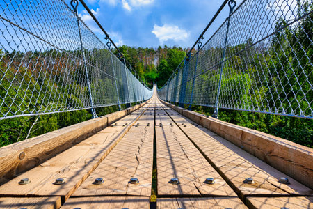 A view of the Hohen Schrecke suspension bridge on a summer's dayの写真素材