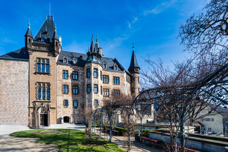 A view of the castle in Wernigerode under a blue skyの写真素材