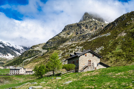 A view of the Montespluga Dam near the SplÃ¼gen Pass from Italy to Switzerlandの写真素材