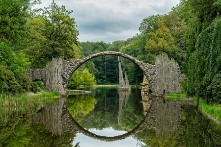 A view of the RakotzbrÃ¼cke bridge in Kromlauer Park in Saxonyの写真素材