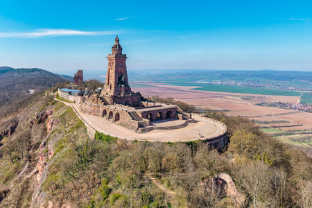 A view of the KyffhÃ¤user with its monument of Emperor Barbarossaの写真素材
