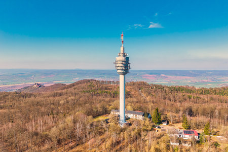 An aerial view of the television tower on the Kulpenberg in the KyffhÃ¤user Mountainsの写真素材