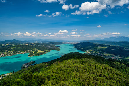 A view from the Pyramidenkogel observation tower on Lake WÃ¶rthersee in Austriaの写真素材